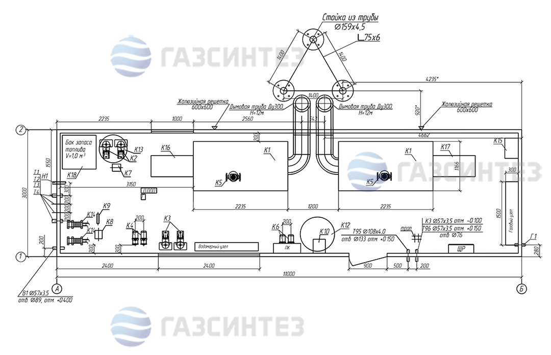 Схема компоновки котельной мощностью 1180 кВт производства Завода ГазСинтез
